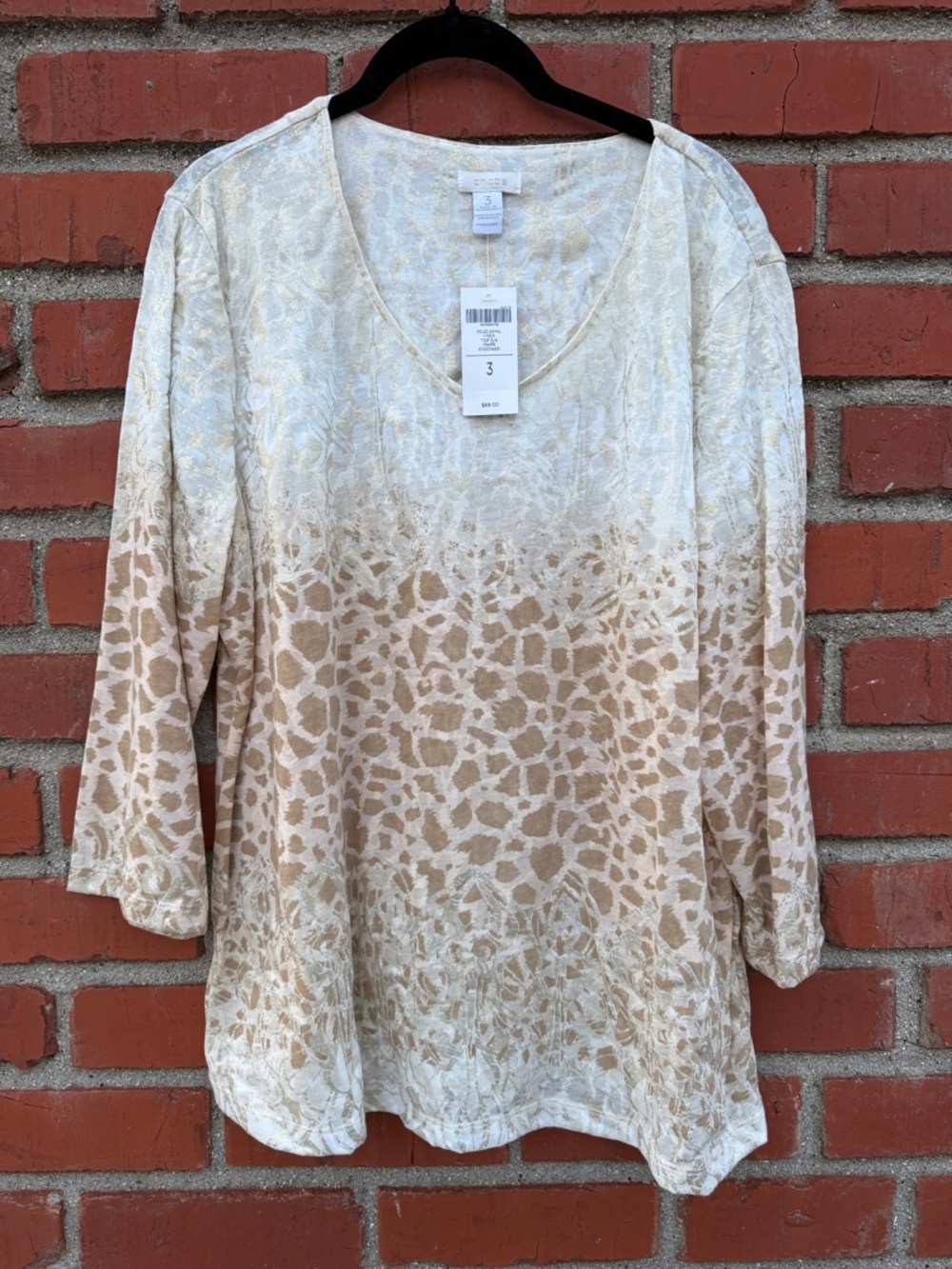 NEW WITH TAGS Chico's Cream and Tan Animal-Print Top (Size 3)